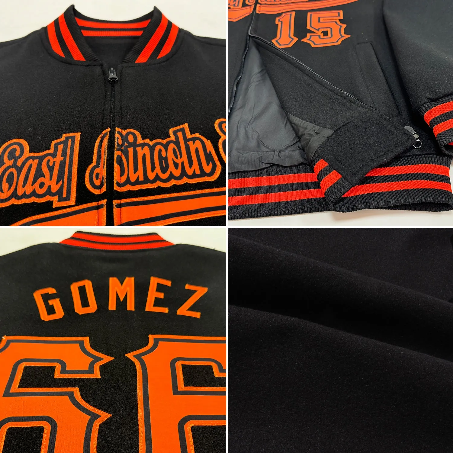 Custom Black Kelly Green-Orange Bomber Varsity Letterman Zipper Jacket