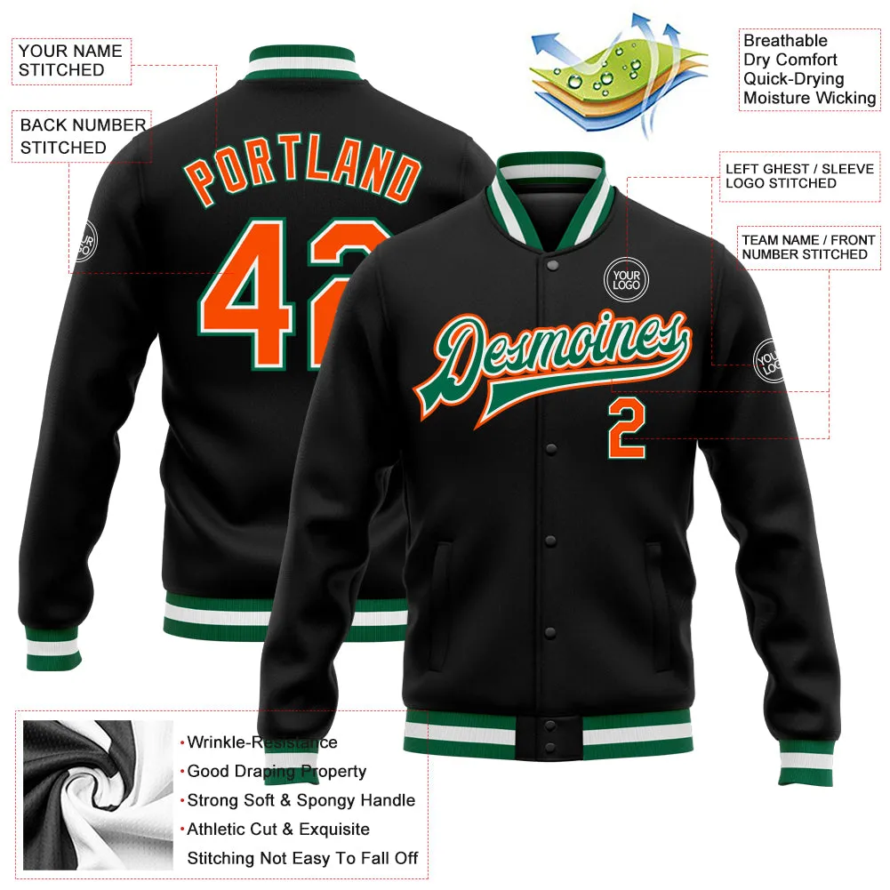 Custom Black Orange-Kelly Green Bomber Full-Snap Varsity Letterman Jacket