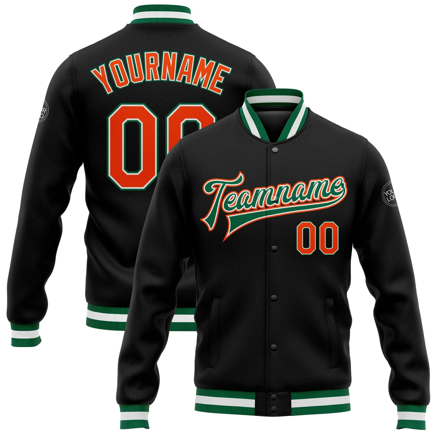 Custom Black Orange-Kelly Green Bomber Full-Snap Varsity Letterman Jacket