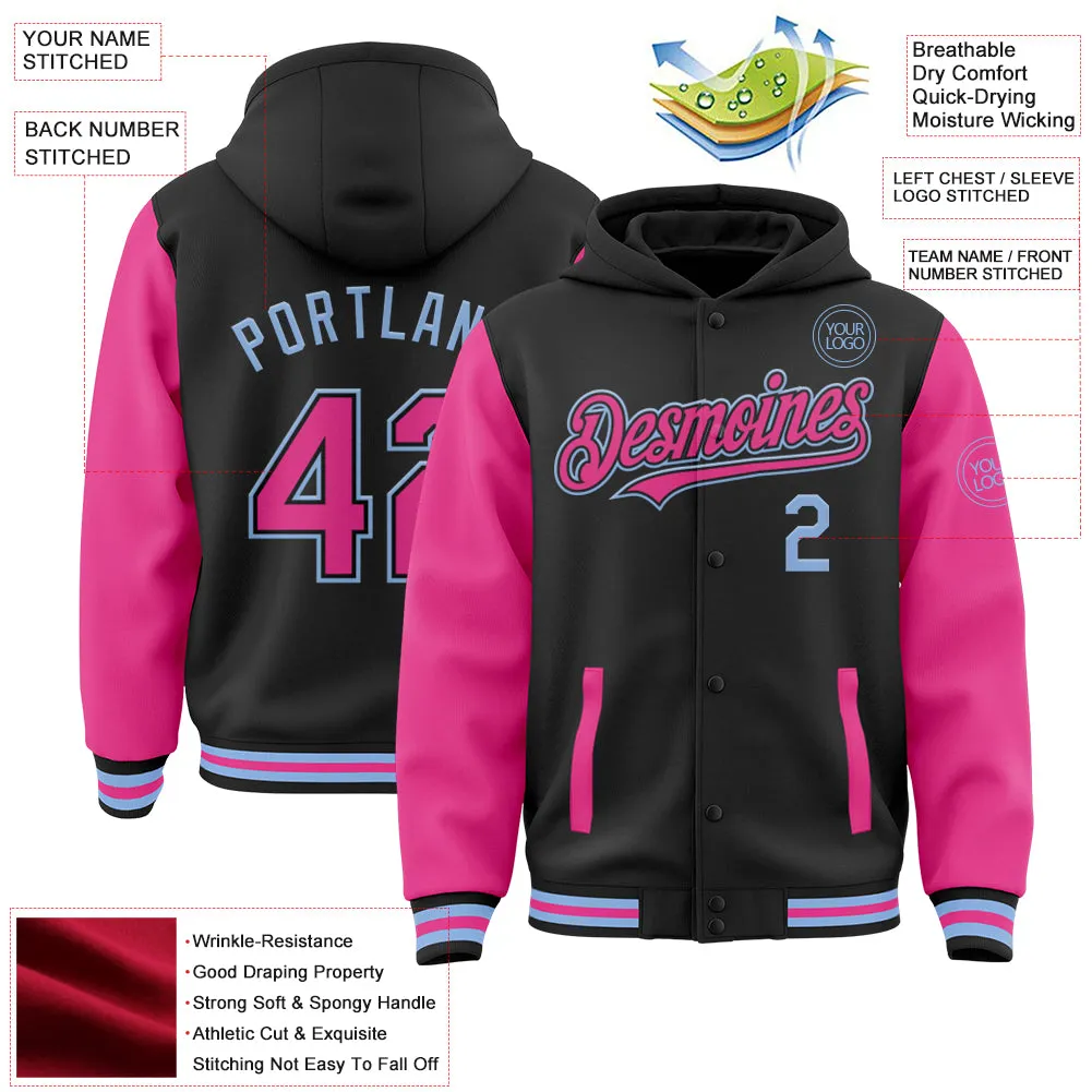 Custom Black Pink-Light Blue Bomber Full-Snap Varsity Letterman Two Tone Hoodie Jacket