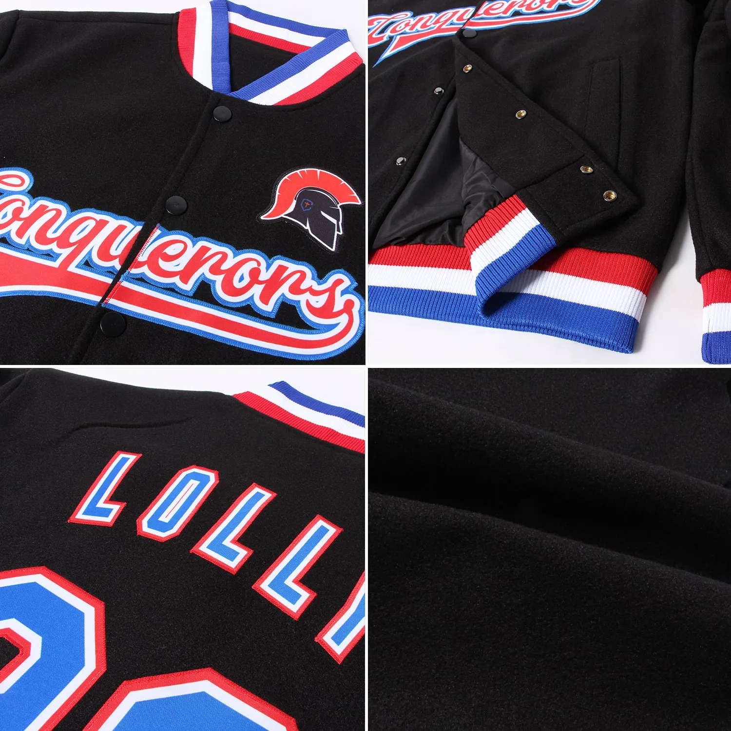 Custom Black Royal White-Red Bomber Full-Snap Varsity Letterman Jacket