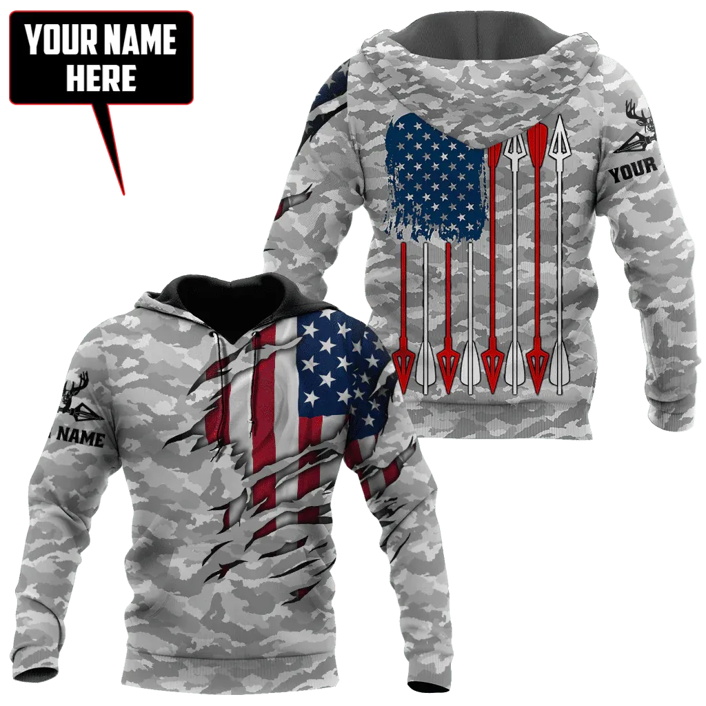 Custom Bow Hunting Hoodie, Bow Hunting American Flag Pattern On Hoodies Camo Pattern Hunting Hoodie