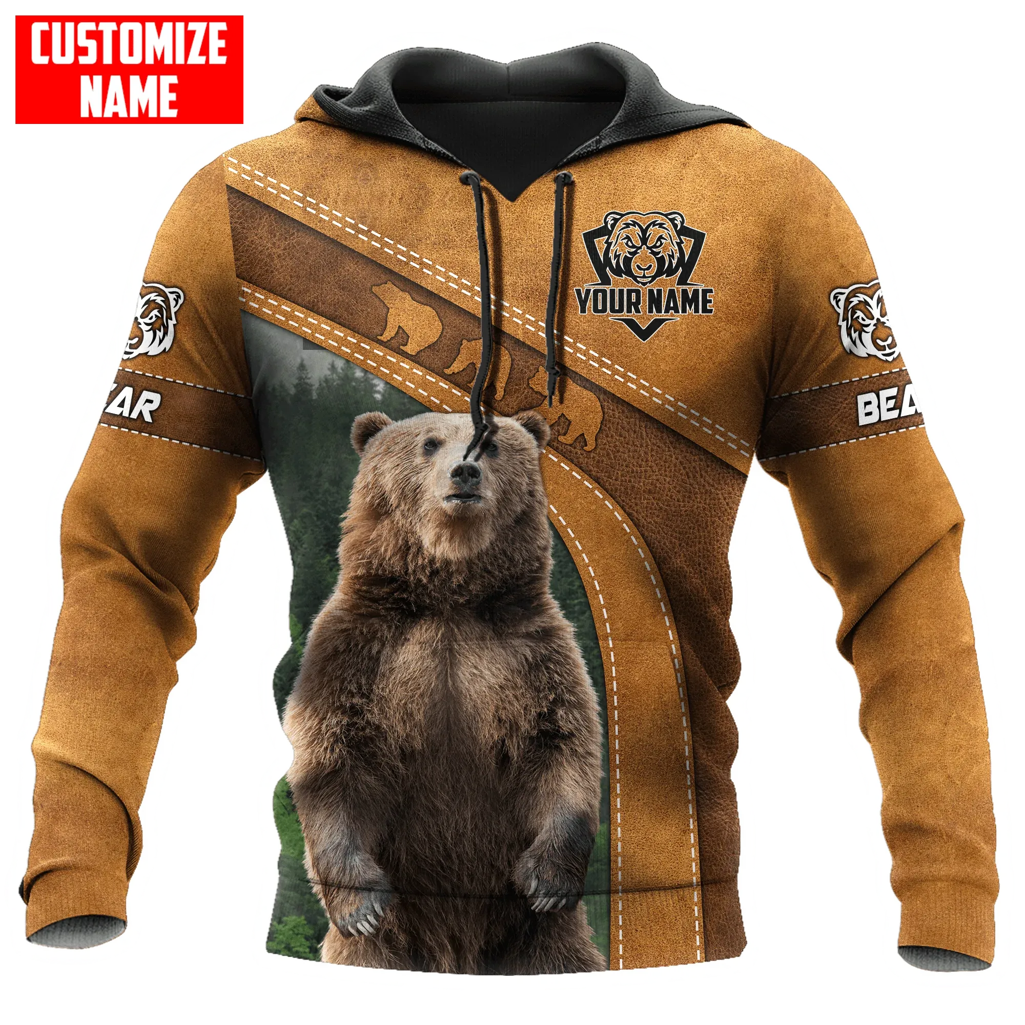 Custom Name Bear On Hoodie, Bear Hoodie, Cool Bear Leather Pattern Hoodie For Bear Lovers