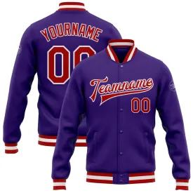 Custom Purple Red-White Bomber Full-Snap Varsity Letterman Jacket