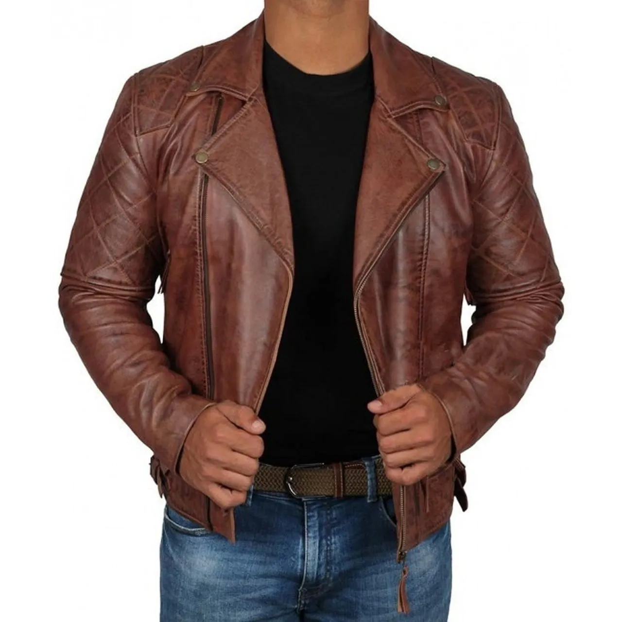 Dark Brown Quilted Biker Vintage Leather Jacket Men