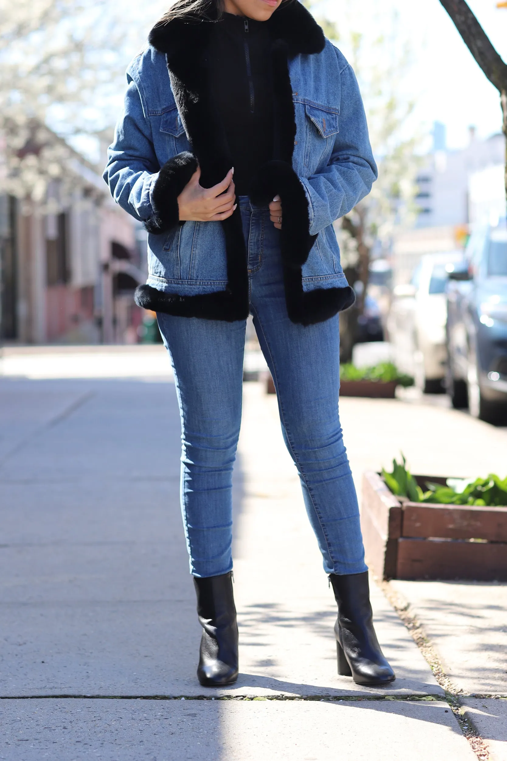 Denim Jacket w/ Rex Rabbit Fur Trim - Natural