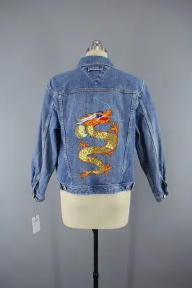 Denim Jean Jacket with Golden Dragon Embroidered Patch