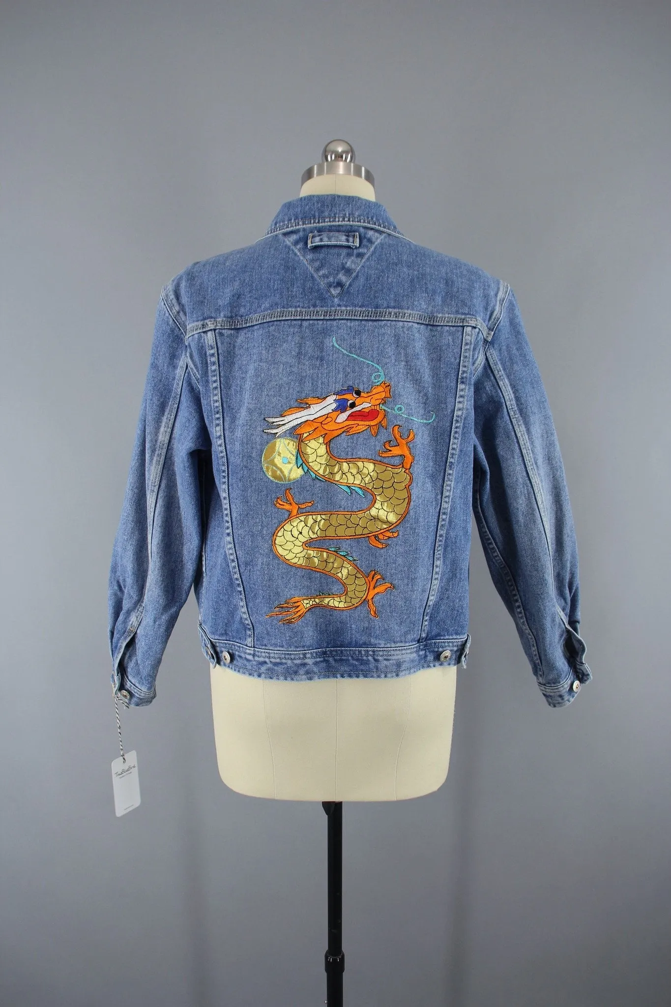 Denim Jean Jacket with Golden Dragon Embroidered Patch