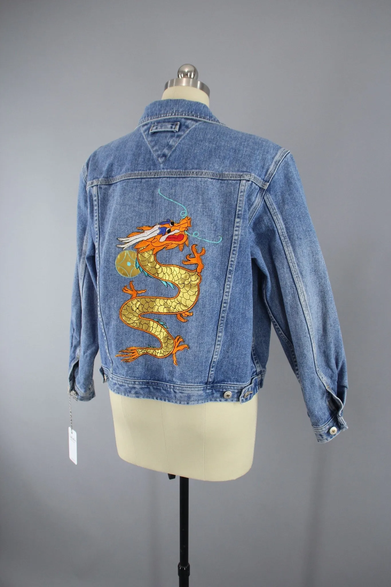 Denim Jean Jacket with Golden Dragon Embroidered Patch