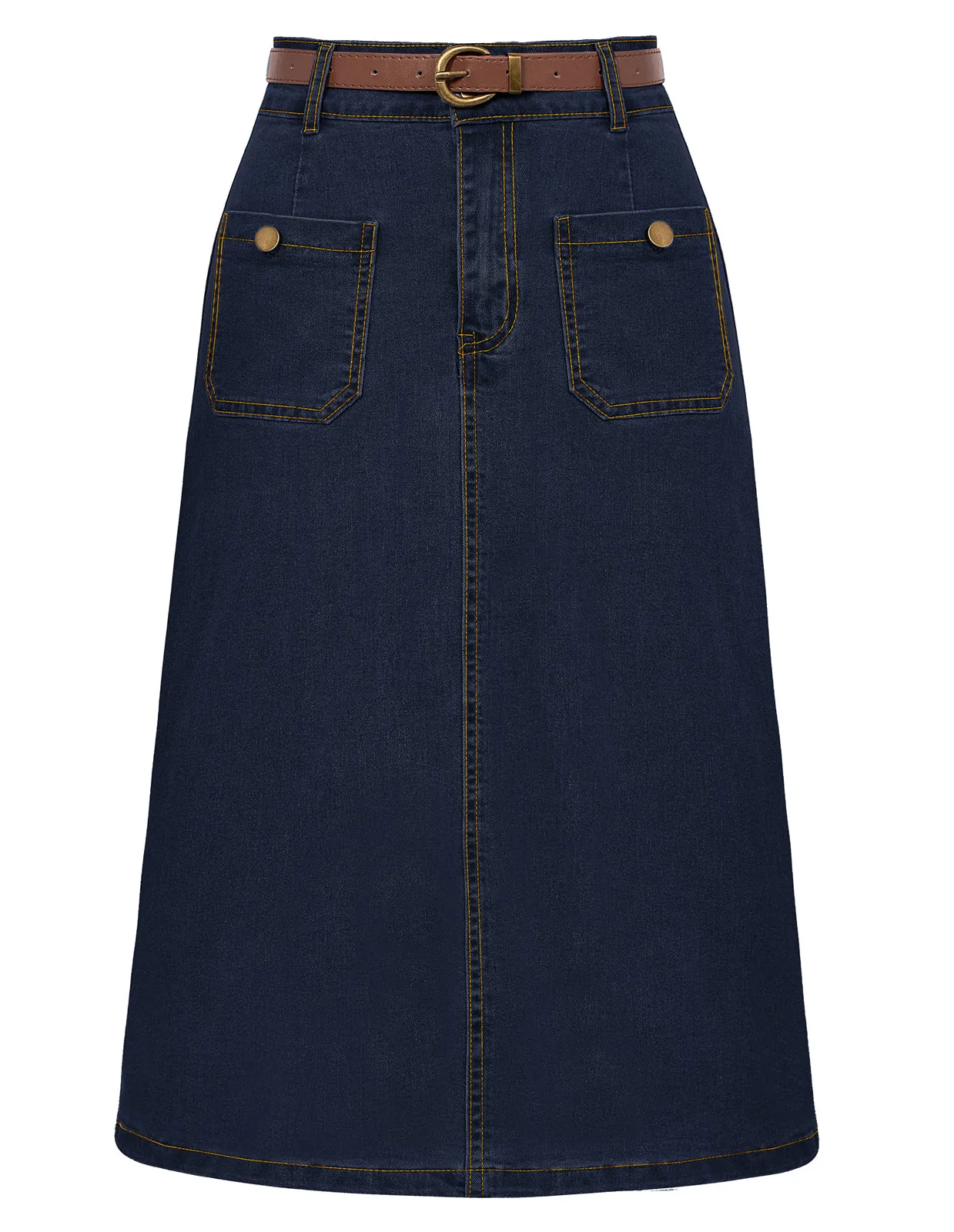 Denim Skirt with Belt Knee Length High Waisted Jean Skirts for Women