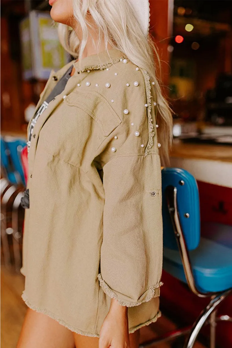 Distressed Beaded Pearl Khaki Denim Jacket