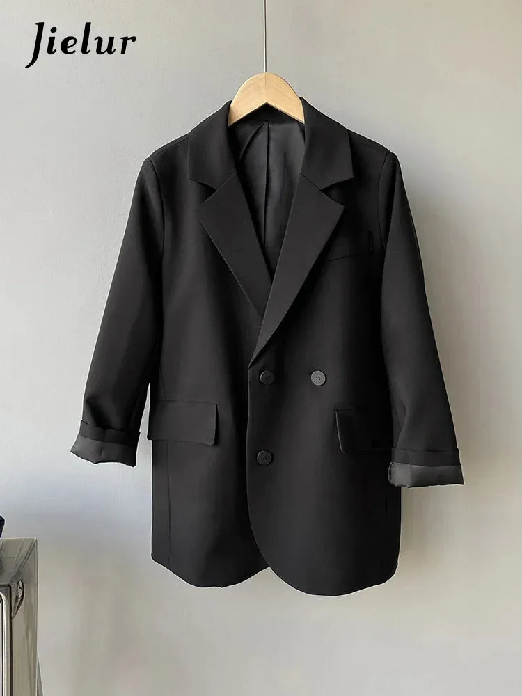 Double Breasted Oversized Black Blazer Women Autumn Winter Drape Solid Color Loose Suit Jacket Office Lady