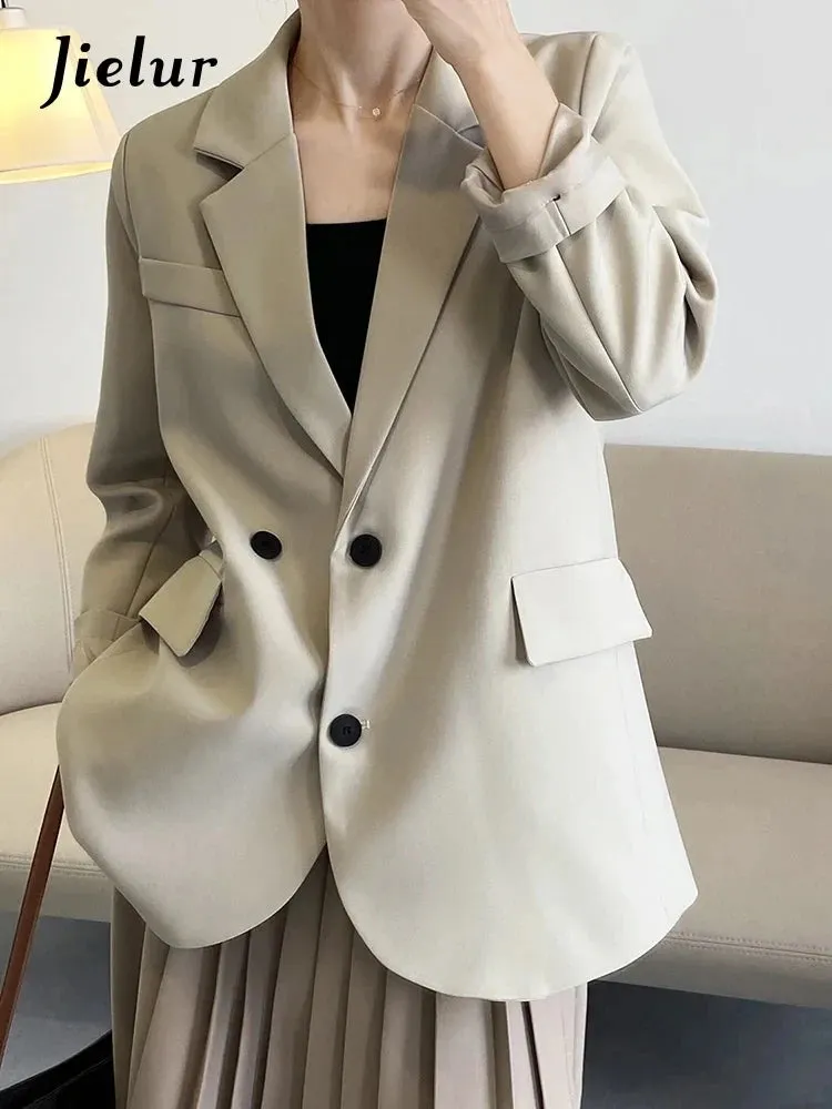 Double Breasted Oversized Black Blazer Women Autumn Winter Drape Solid Color Loose Suit Jacket Office Lady