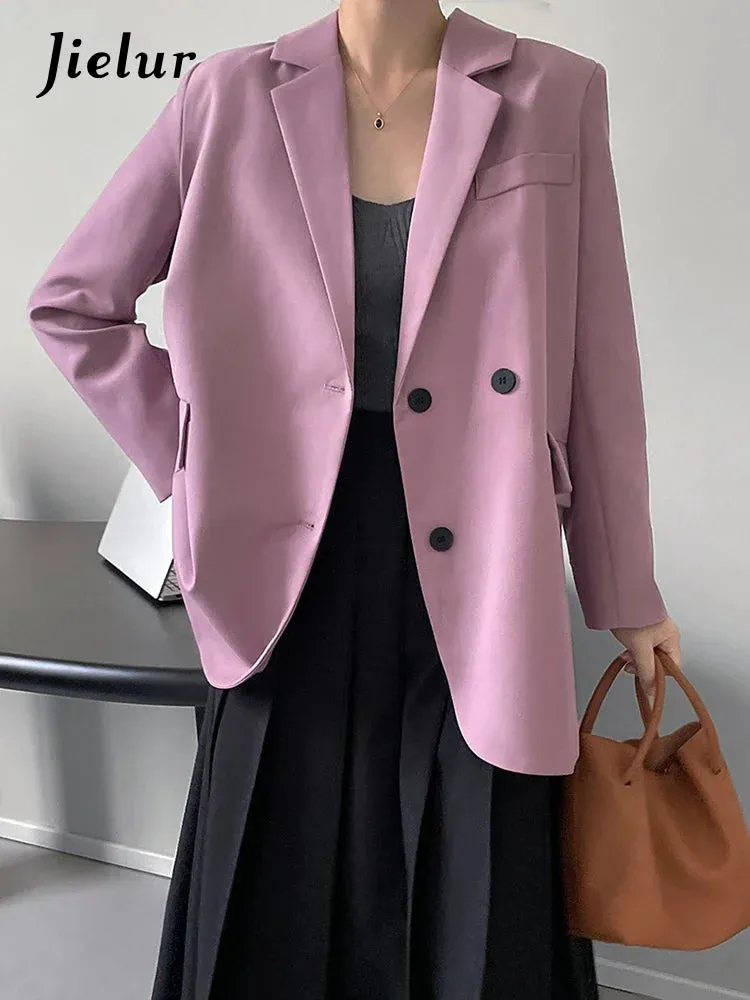 Double Breasted Oversized Black Blazer Women Autumn Winter Drape Solid Color Loose Suit Jacket Office Lady