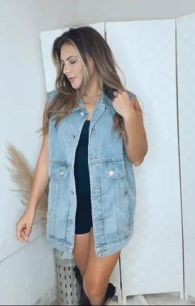 Drawstring Hooded Sleeveless Denim Vest