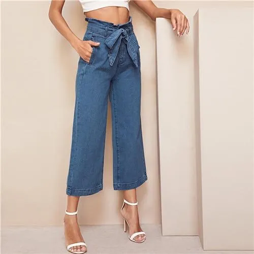 Elegant Blue High Waist Wide Leg Belted Crop Jeans