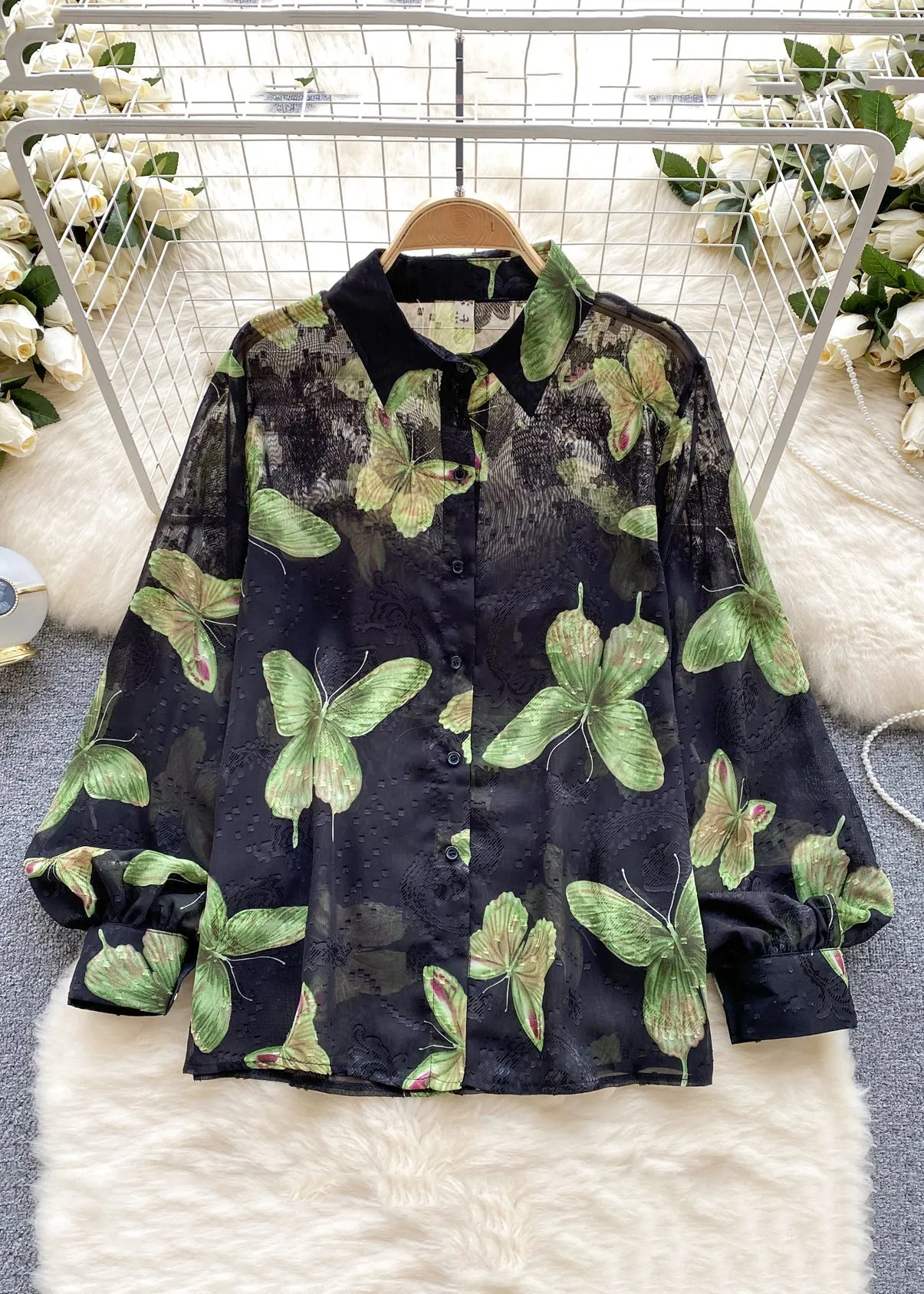 French Green Peter Pan Collar Print Button Chiffon Shirt Long Sleeve TR031