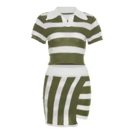 Irregular turnover collar short sleeve striped knitted mini skirt set