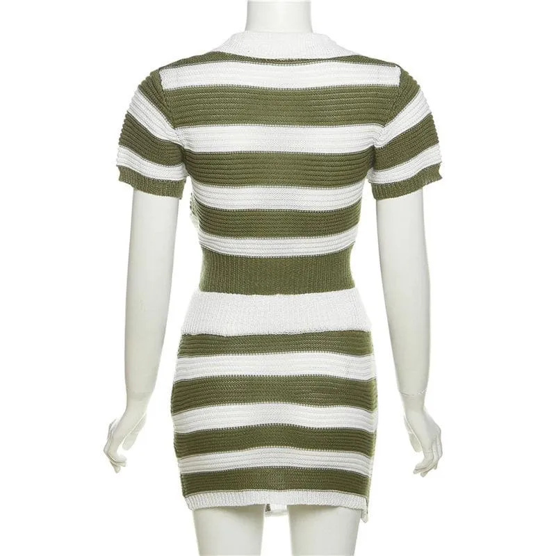 Irregular turnover collar short sleeve striped knitted mini skirt set