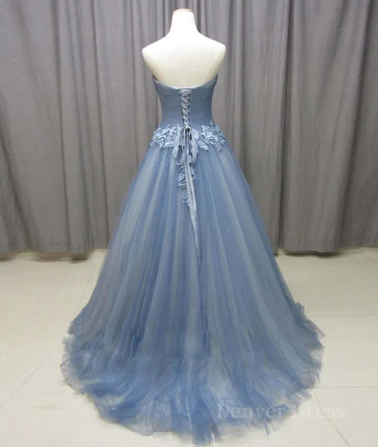 kamahe Simple gray blue tulle lace applique long prom dress, tulle evening dress