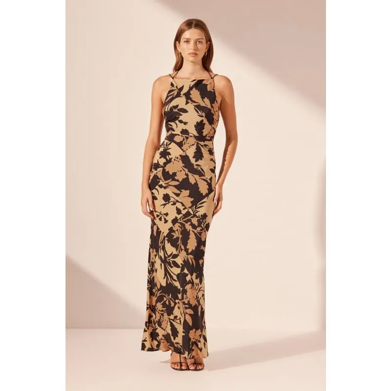 Lai Silk HIgh Neck Ruched Maxi Dress