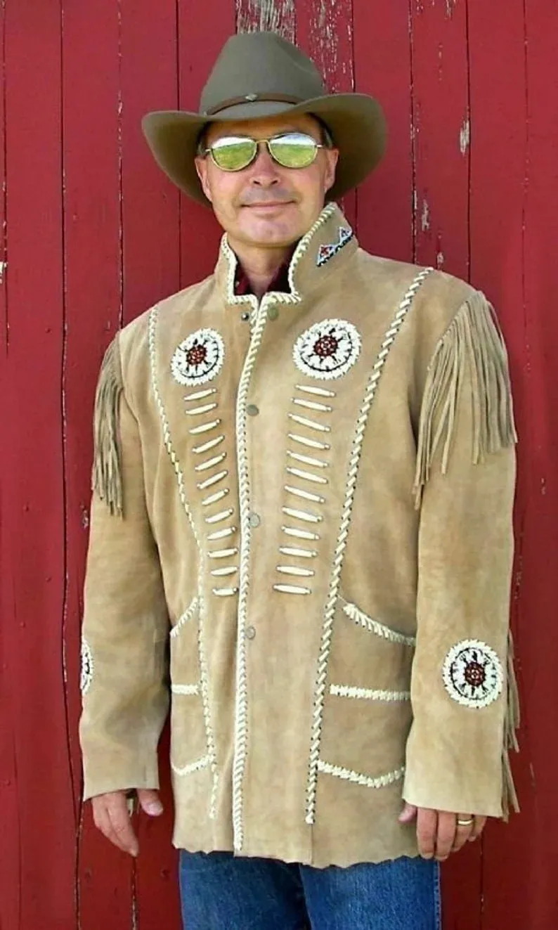 Leather jacket Men Traditional Native Beige Brown Classic Suede Leather Western Jacket Braided Fringes Country Side Red Indian Western Wear