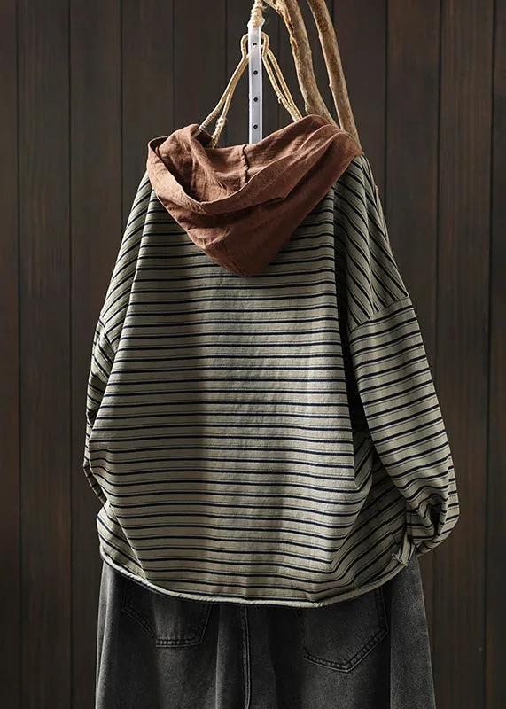 Loose Green Striped Hooded Patchwork Cotton Blouse T Shirt Fall ML1915