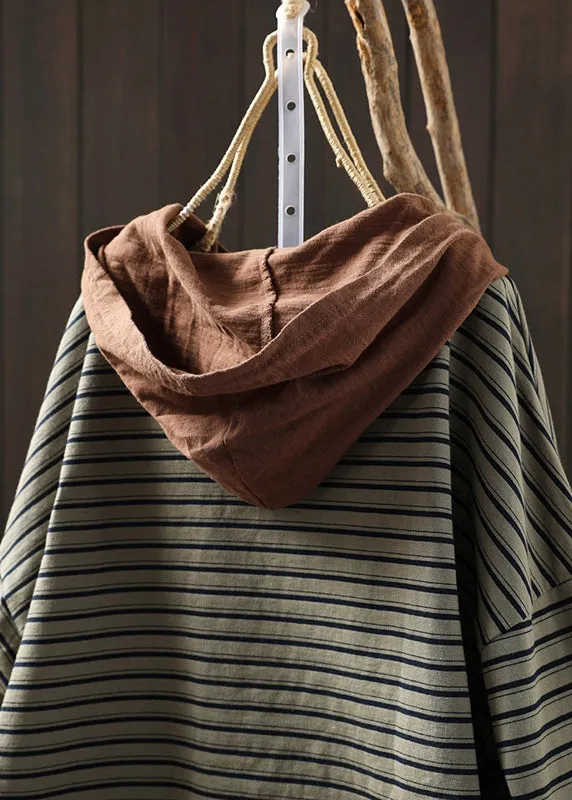 Loose Green Striped Hooded Patchwork Cotton Blouse T Shirt Fall ML1915