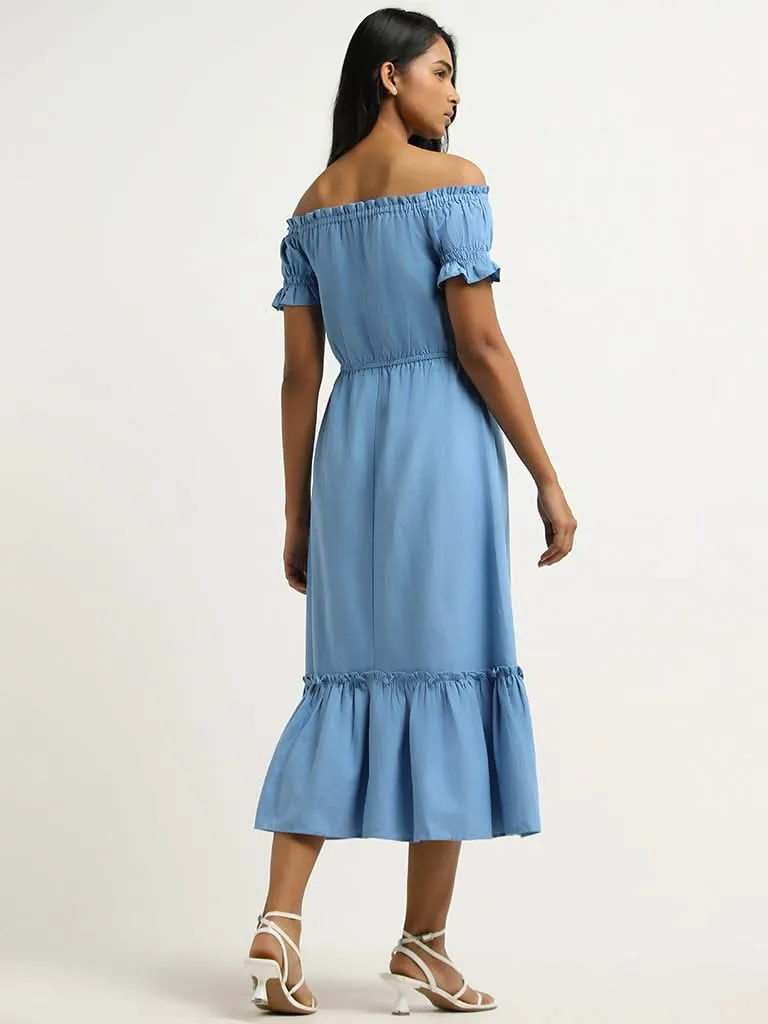 LOV Blue Off-Shoulder Blended Linen Dress