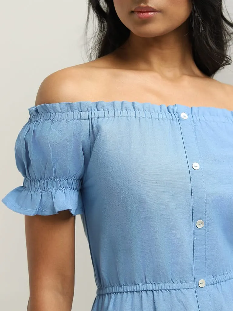 LOV Blue Off-Shoulder Blended Linen Dress