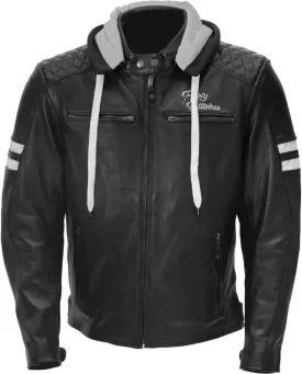 Men Genuine Leather Jacket In Hoddie With White Stripes