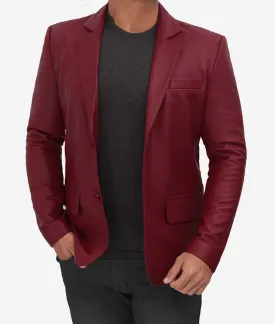 Mens 2 Buttons Notch Lapel Maroon Leather Blazer