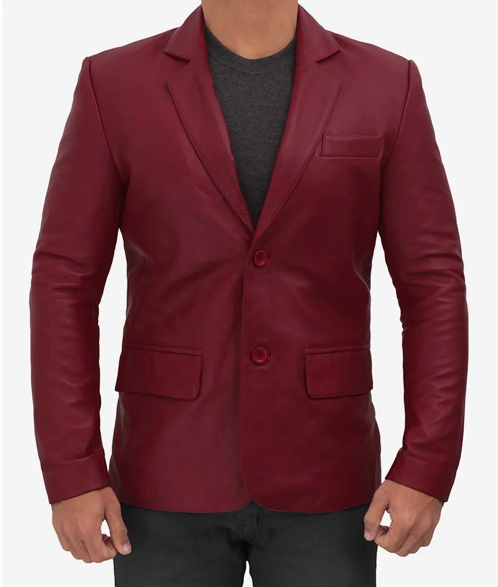 Mens 2 Buttons Notch Lapel Maroon Leather Blazer