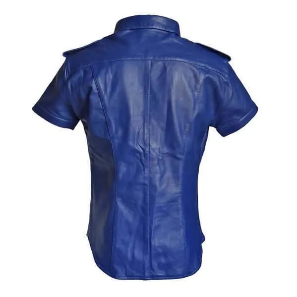 Mens Blue Leather Police Shirt