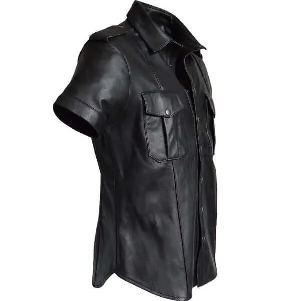 Mens Blue Leather Police Shirt