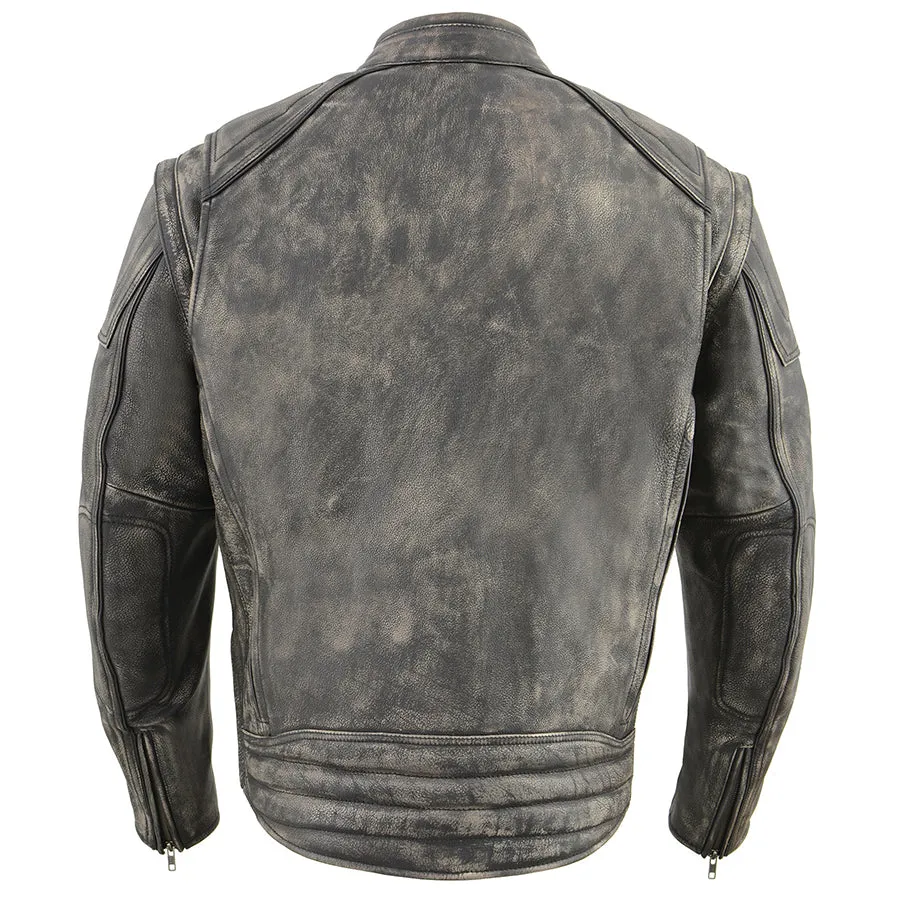 Men’s Distressed Brown Leather Jacket with Zip-Off Sleeves