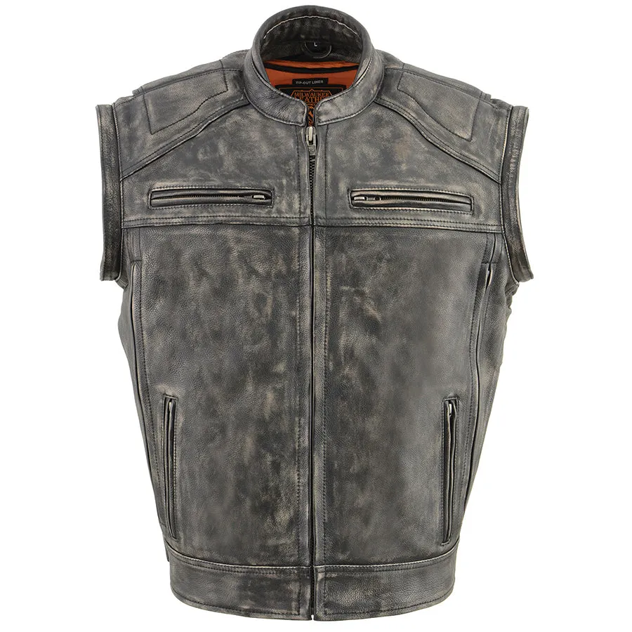 Men’s Distressed Brown Leather Jacket with Zip-Off Sleeves