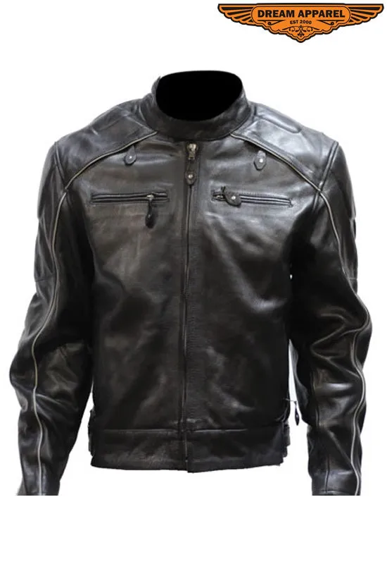 Mens Leather Jacket With Racer Collar