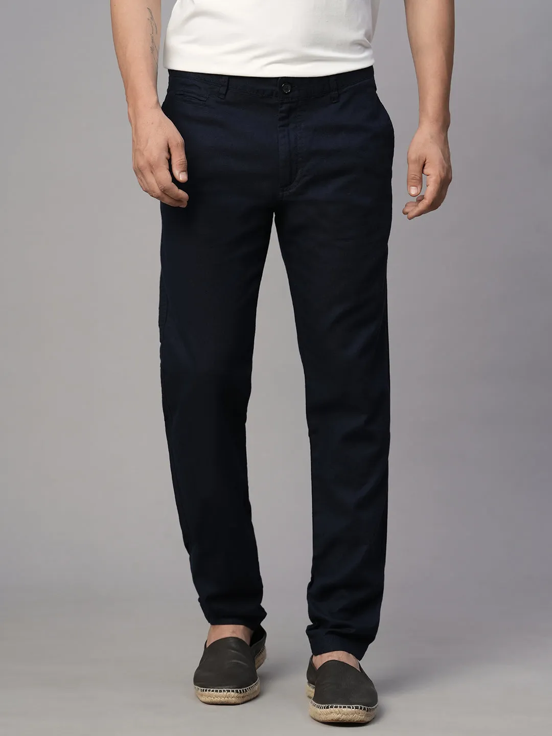 Men's Navy Cotton Linen Slim Fit Pant