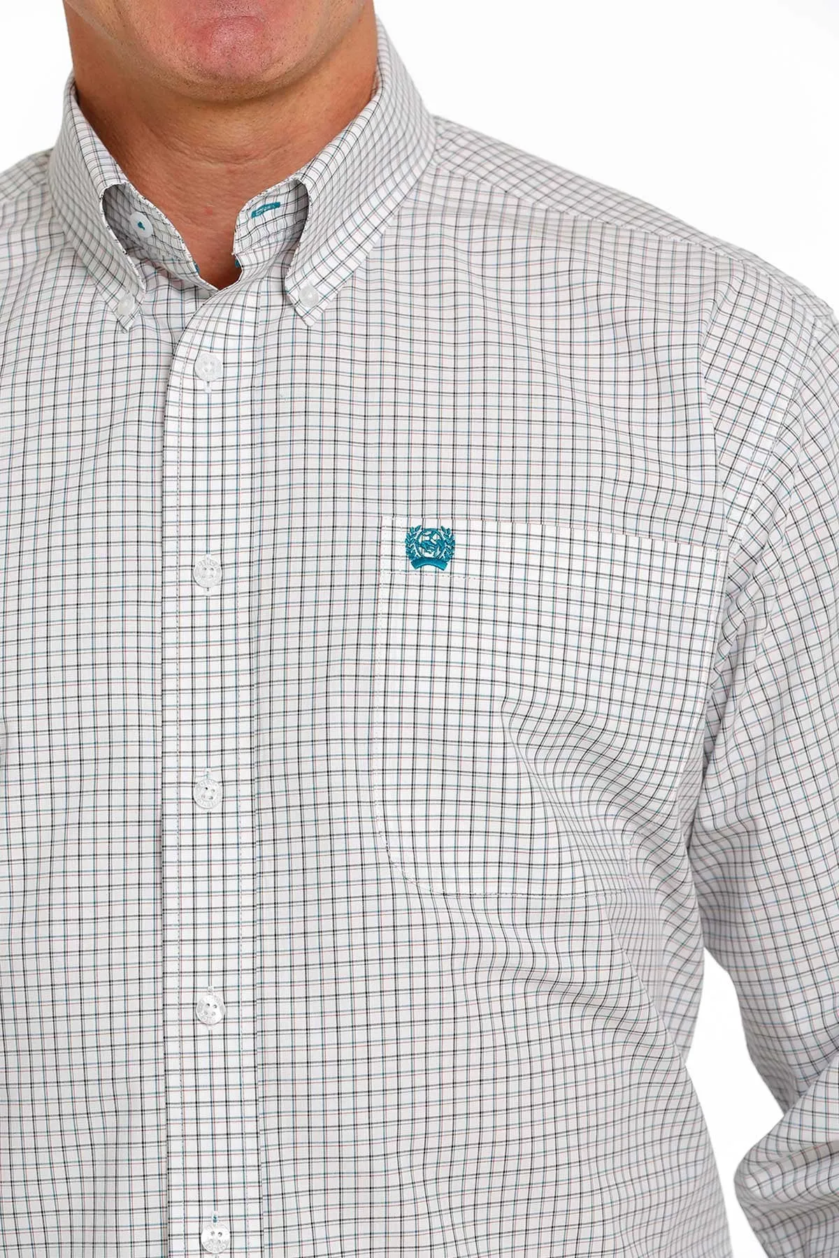 MEN'S PLAID BUTTON-DOWN WESTERN SHIRT - WHITE / TEAL / GRAY