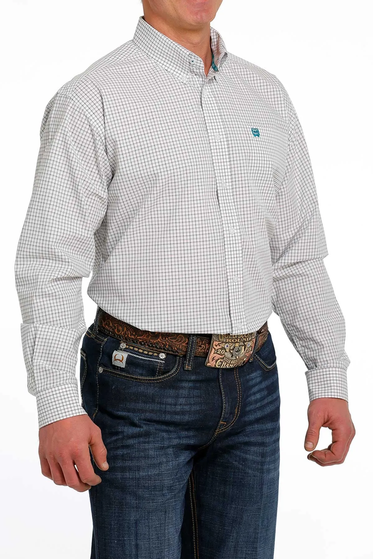 MEN'S PLAID BUTTON-DOWN WESTERN SHIRT - WHITE / TEAL / GRAY