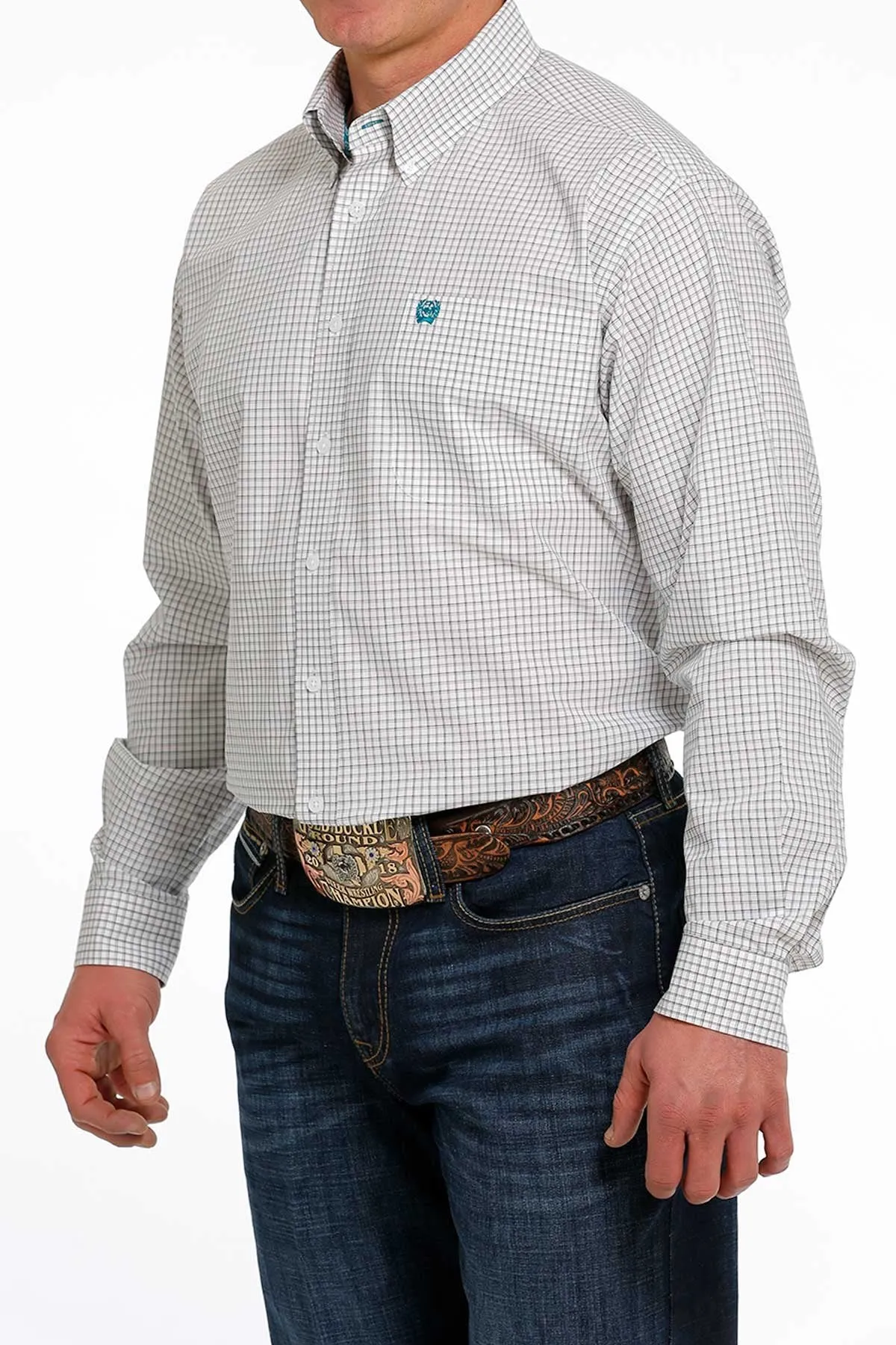 MEN'S PLAID BUTTON-DOWN WESTERN SHIRT - WHITE / TEAL / GRAY