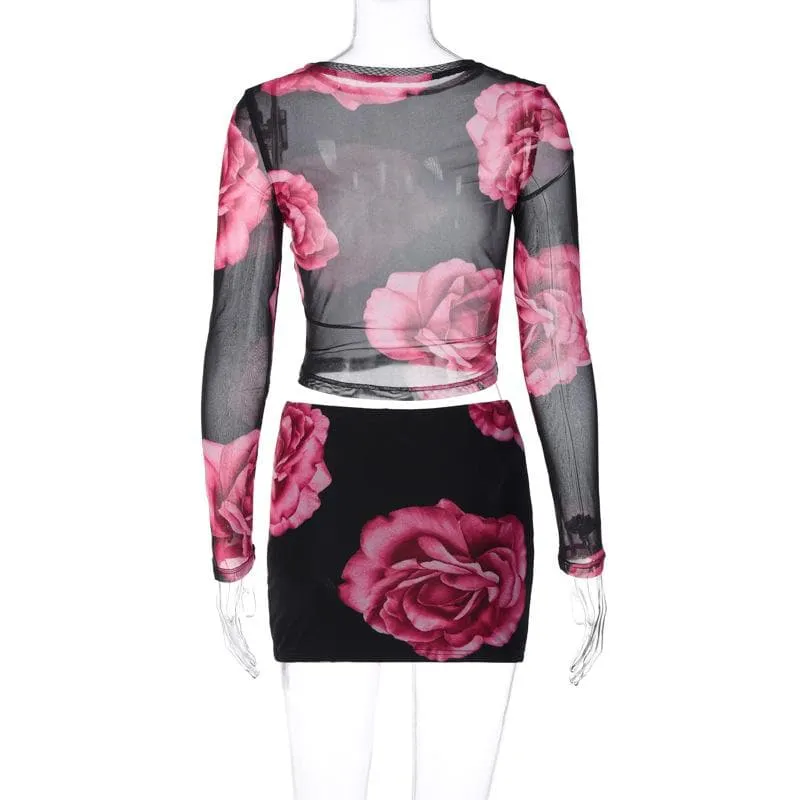 Mesh see through flower print long sleeve slit mini skirt set