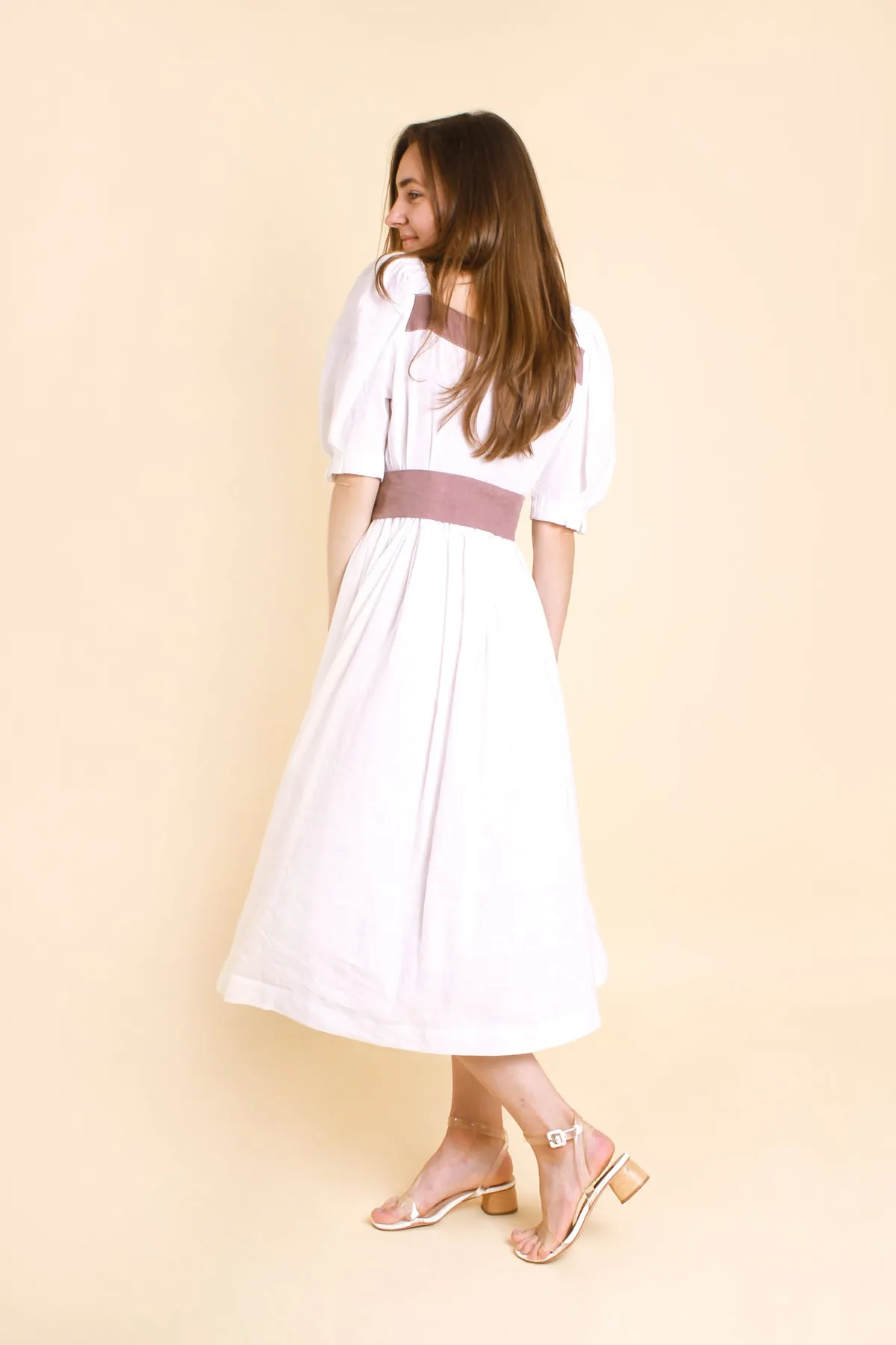 MIDI White Puff Sleeves Linen Dress MARIANNA