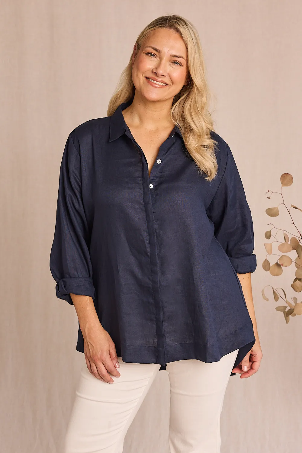 Oversized Linen Boyfriend Shirt in Navy