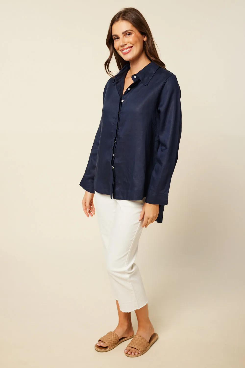 Oversized Linen Boyfriend Shirt in Navy