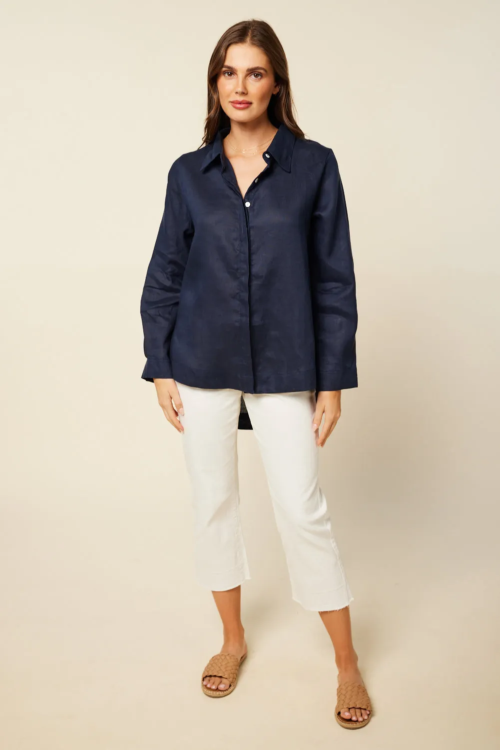 Oversized Linen Boyfriend Shirt in Navy