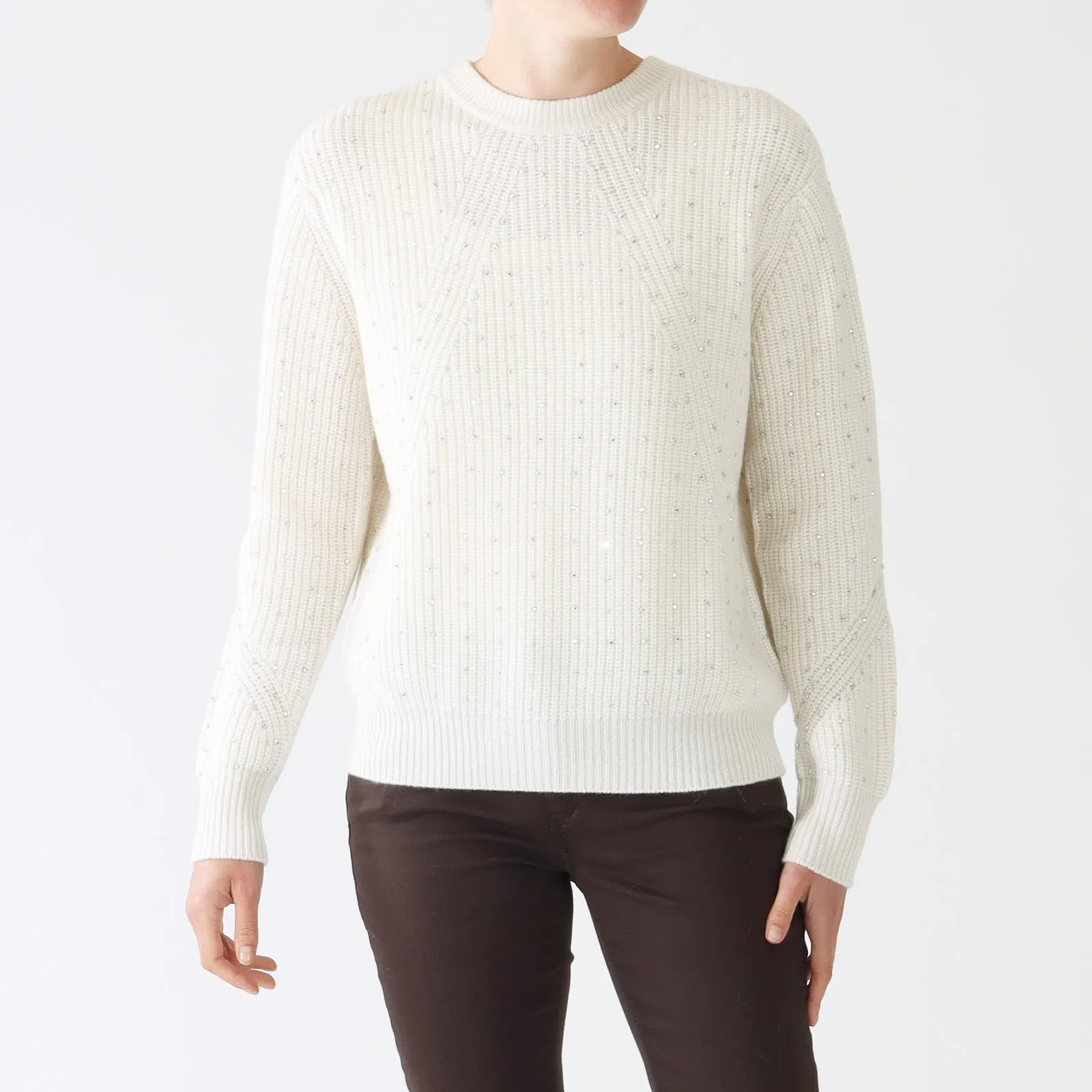 Pearl Fashioned Rib Crystal Cashmere Sweater