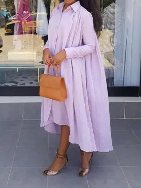 Pleated Solid Color High-Low Long Sleeves Lapel Shirt Dress Maxi Dresses