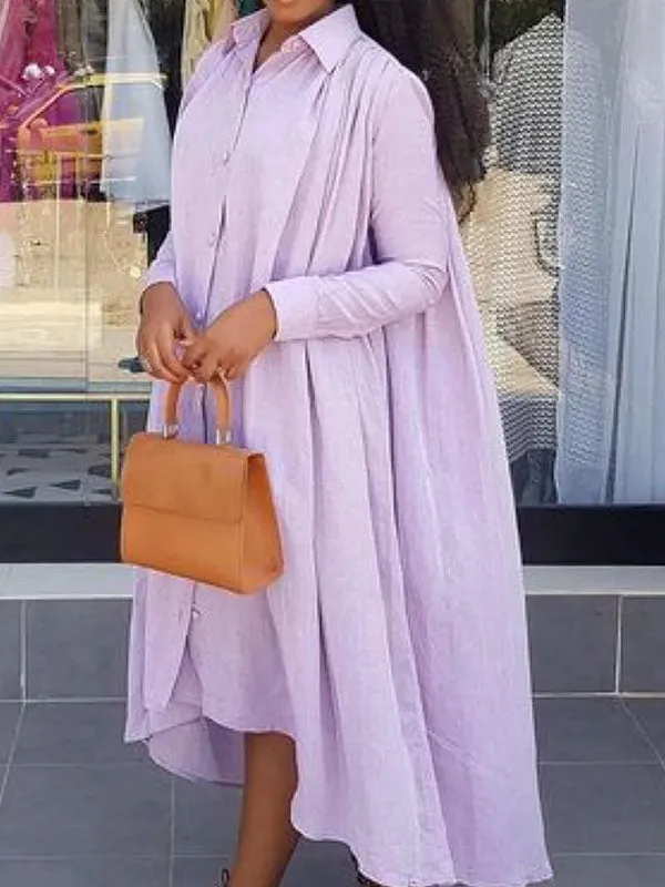 Pleated Solid Color High-Low Long Sleeves Lapel Shirt Dress Maxi Dresses